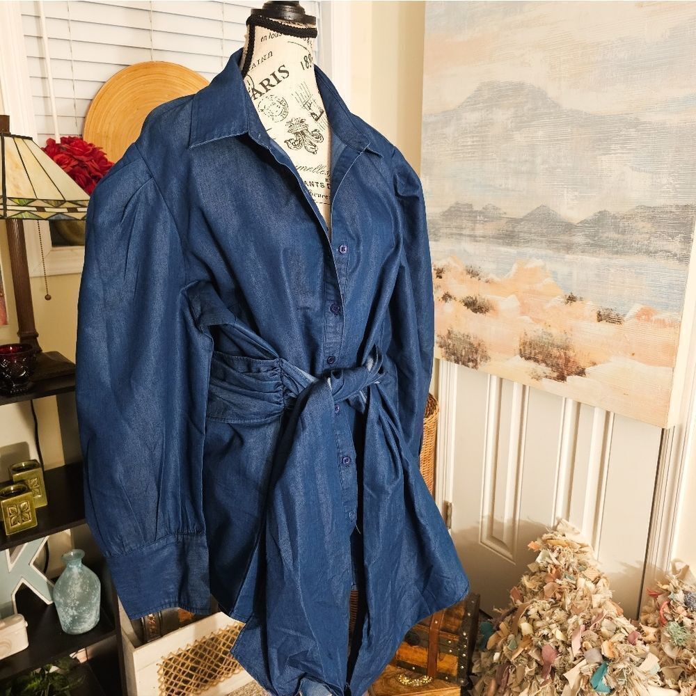 Ashley Stewart Dark Blue Denim Tie-Waist Blouse
